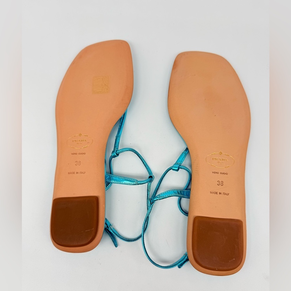 Prada Metallic Blue/ Turquoise patent leather T- strap Thong flat sandals EU 38 - Picture 7 of 9